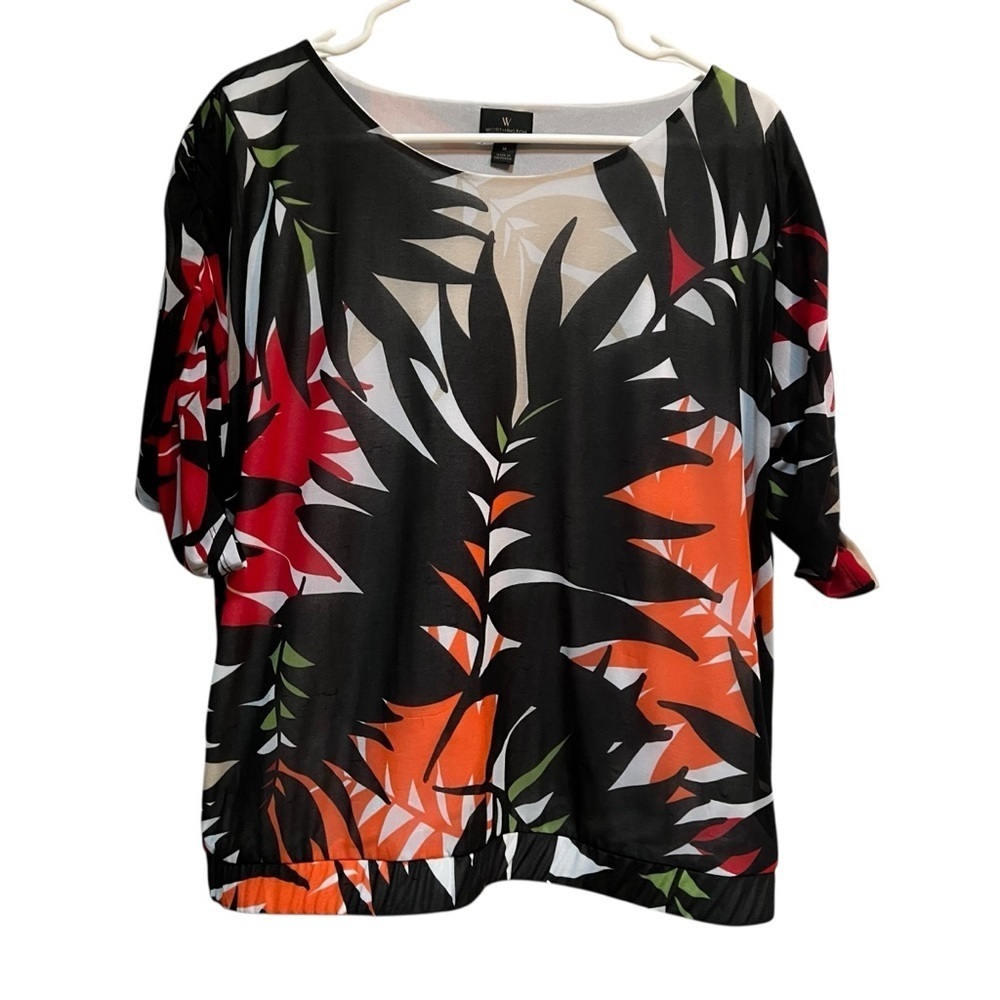 Worthington Womens Size Medium Boatneck Blouse White Black Palm Print Banded Hem